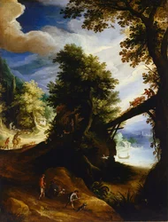 Paysage boisé avec un pont et des chasseurs au bord de la rivière